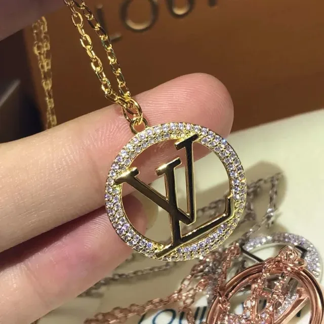 Louis Vuitton Monogram Crystal Gold Silver Circular Pendant Bezel Necklace 4