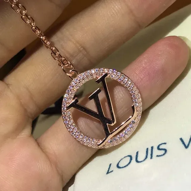 Louis Vuitton Monogram Crystal Gold Silver Circular Pendant Bezel Necklace 5