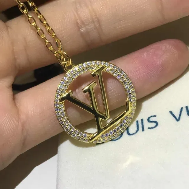 Louis Vuitton Monogram Crystal Gold Silver Circular Pendant Bezel Necklace 6