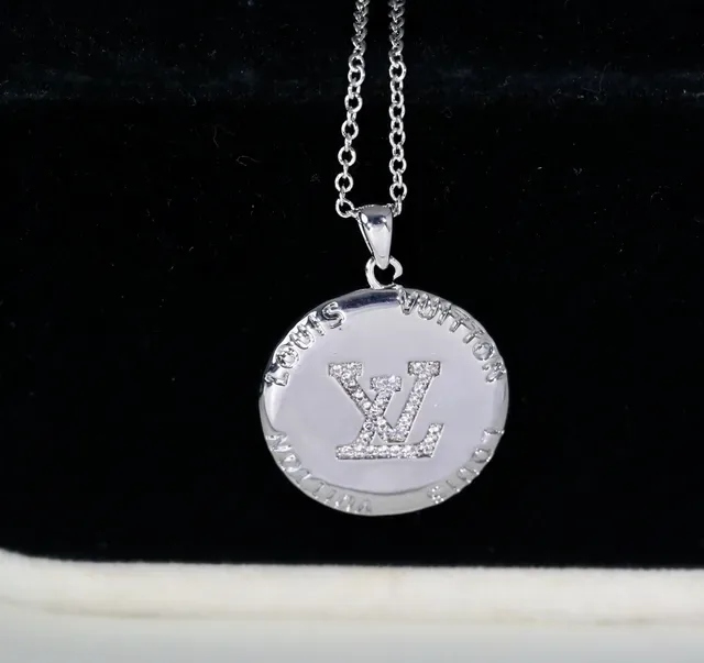 Louis Vuitton Monogram Disc Silver Gold Circular Pendant Pavé-Set Necklace 2