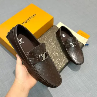 Louis Vuitton Monogram-Embossed Brown Leather LV Buckle Loafers