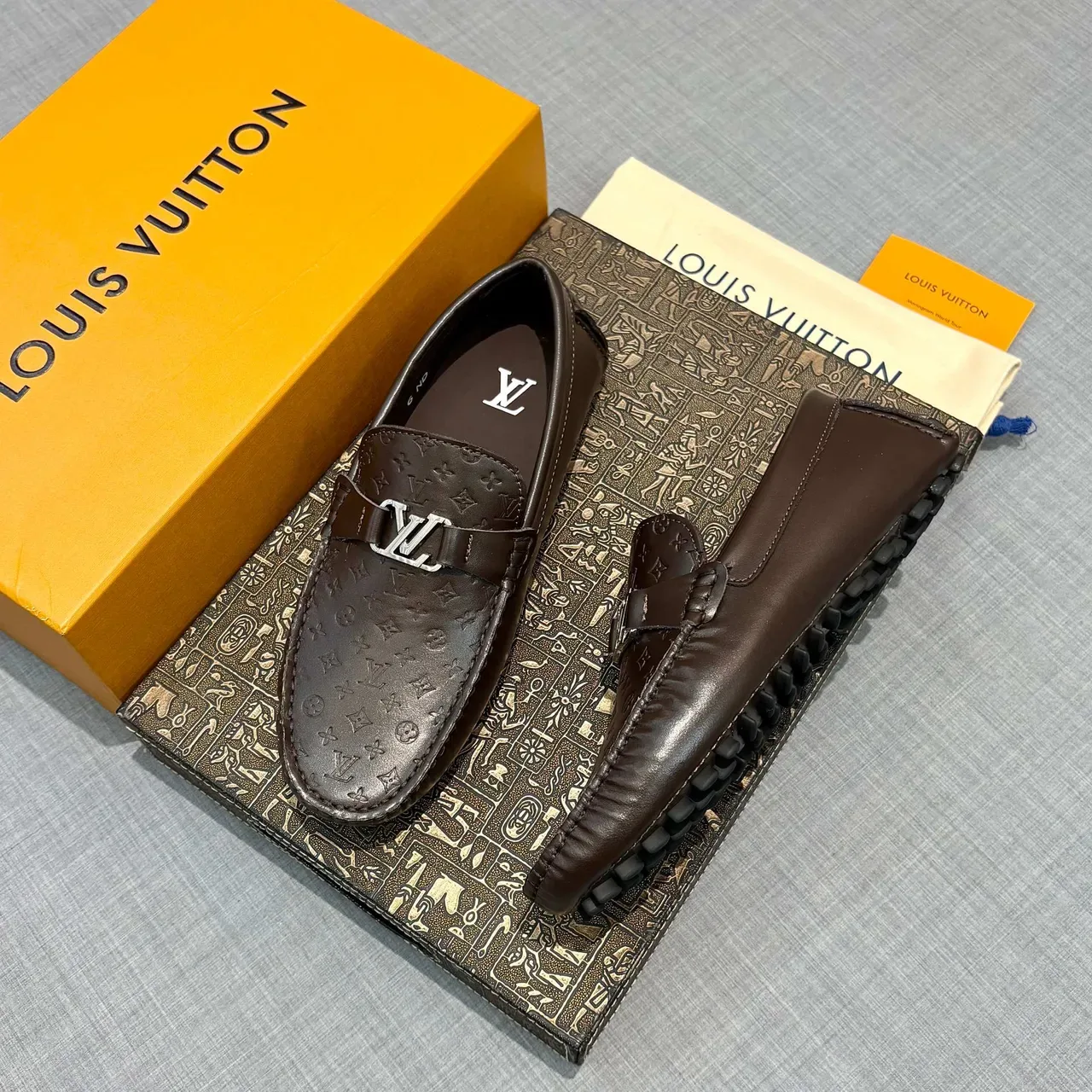 Louis Vuitton Monogram-Embossed Brown Leather LV Buckle Loafers 2