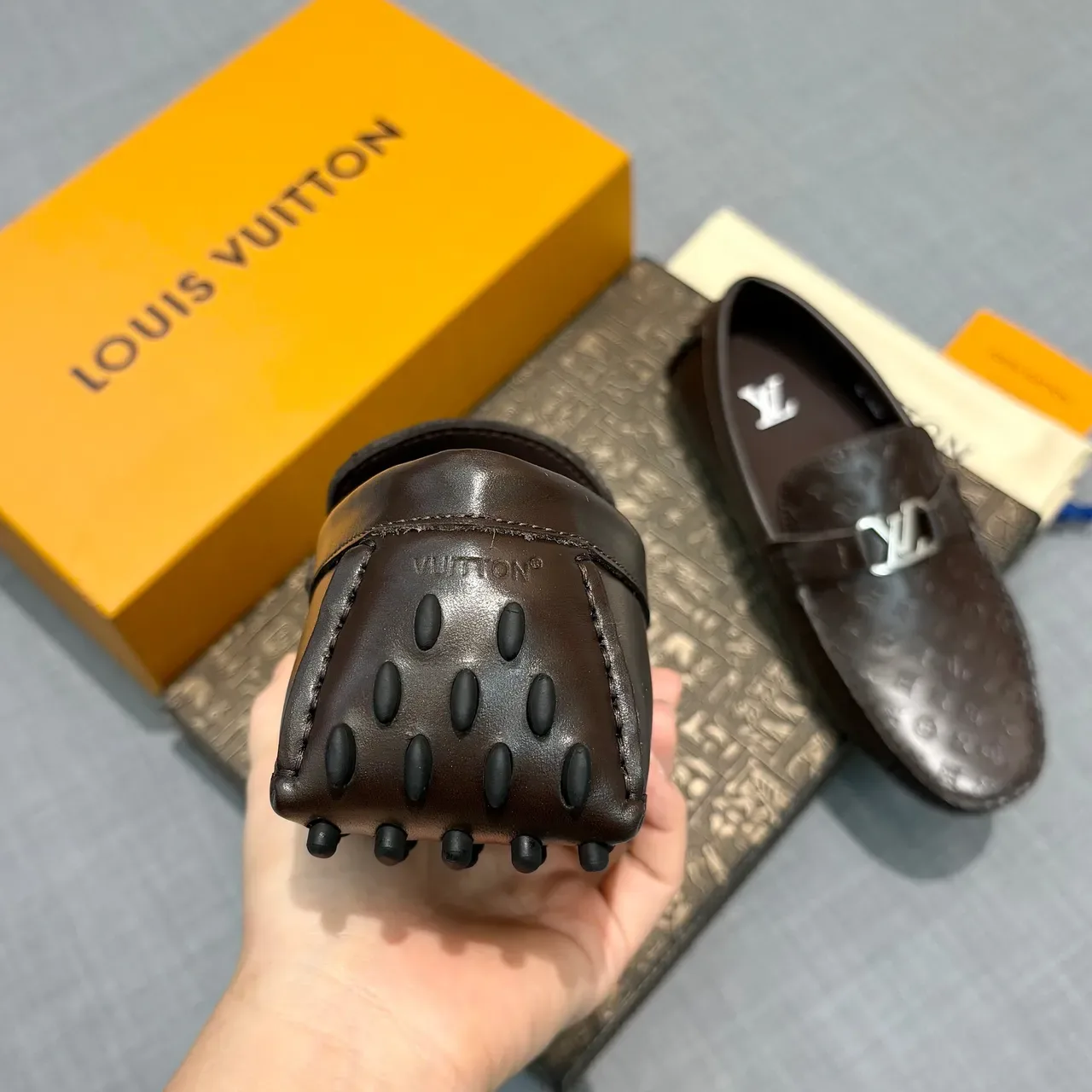 Louis Vuitton Monogram-Embossed Brown Leather LV Buckle Loafers 4