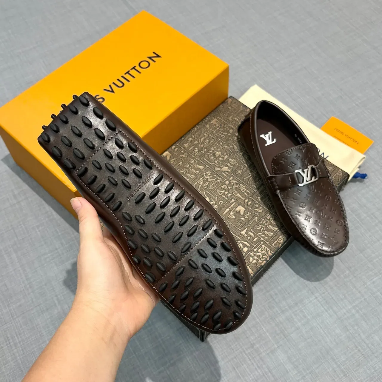 Louis Vuitton Monogram-Embossed Brown Leather LV Buckle Loafers 5