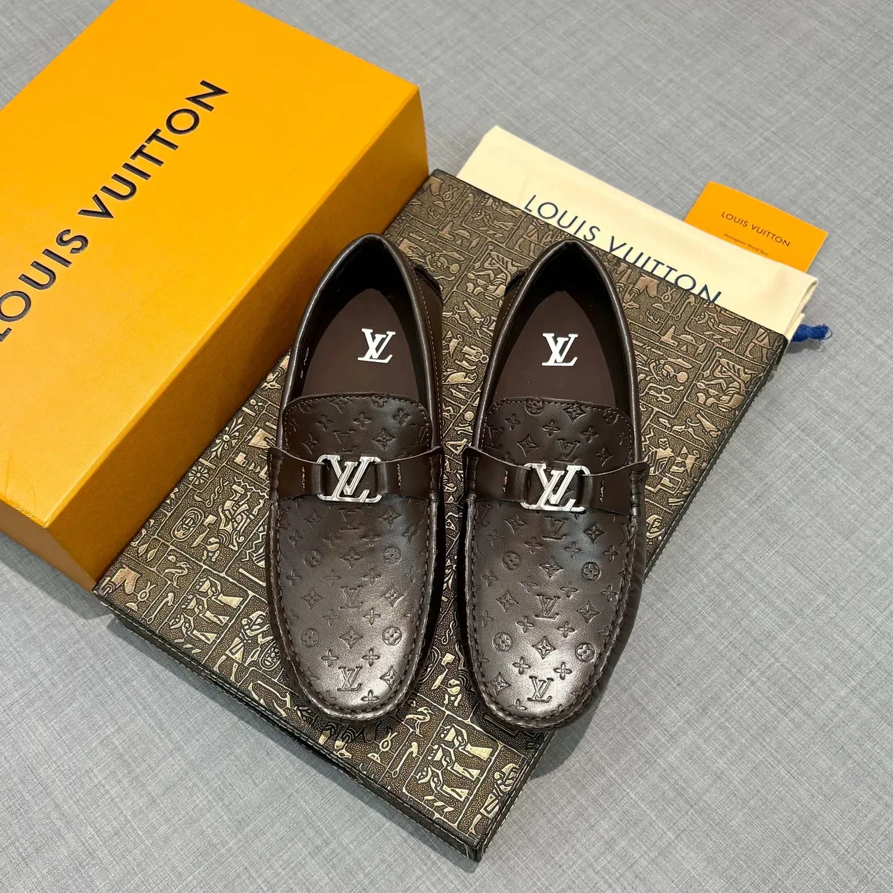 Louis Vuitton Monogram-Embossed Brown Leather LV Buckle Loafers 6