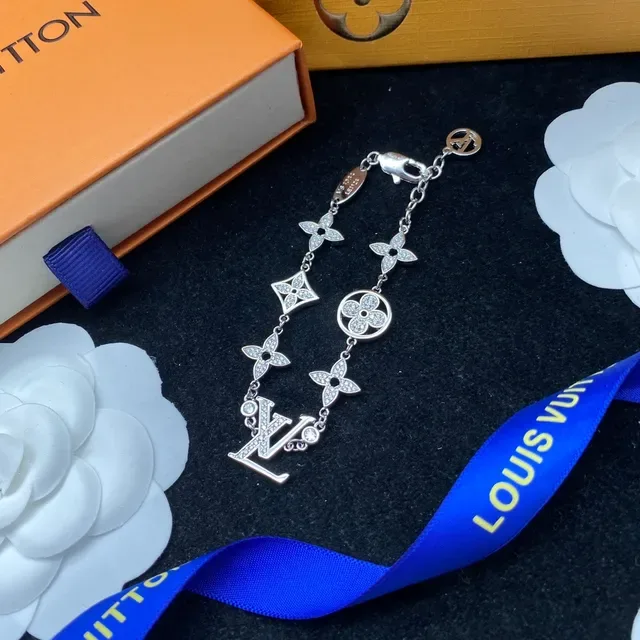 Louis Vuitton Monogram Flower Charm Silver-Tone Crystal Bracelet 4