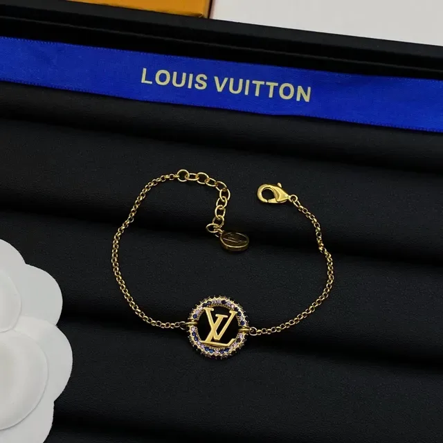 Louis Vuitton Monogram Jewelry Gold Blue Chain Pavé-Set Stones Necklace 4