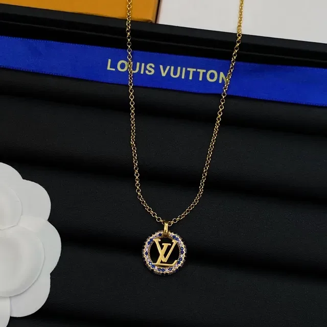 Louis Vuitton Monogram Jewelry Gold Blue Chain Pavé-Set Stones Necklace 5