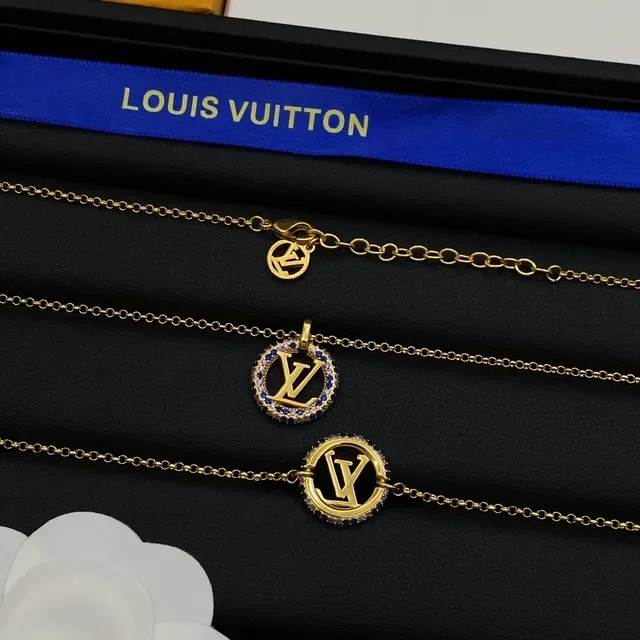 Louis Vuitton Monogram Jewelry Gold Blue Chain Pavé-Set Stones Necklace 6