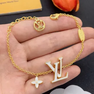 Louis Vuitton Monogram Jewelry Gold-Tone White Enamel LV and Flower Charm Bracelet
