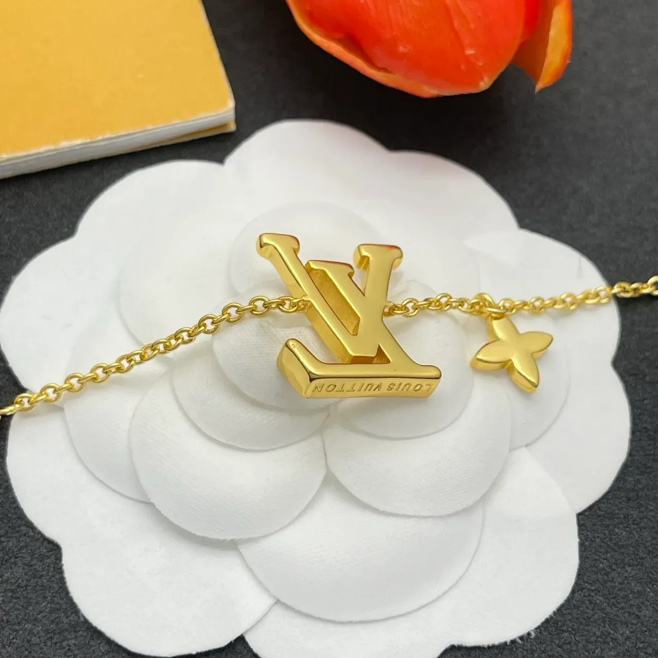 Louis Vuitton Monogram Jewelry Gold-Tone White Enamel LV and Flower Charm Bracelet 3