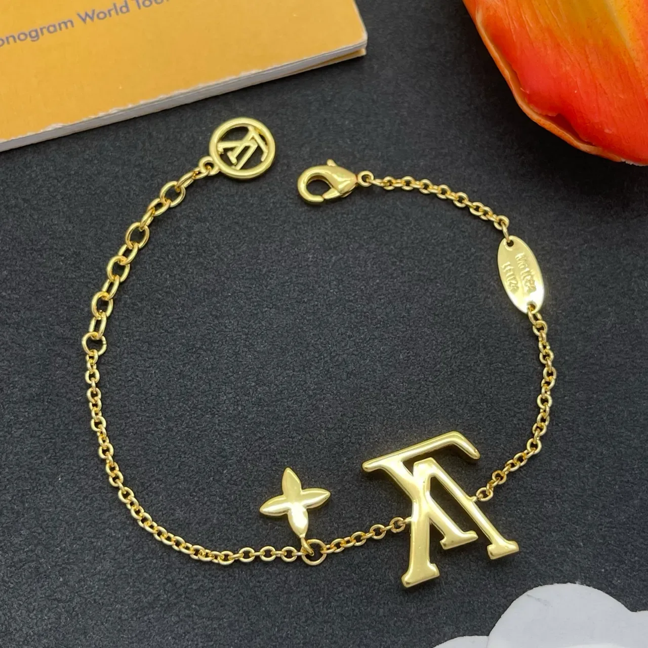 Louis Vuitton Monogram Jewelry Gold-Tone White Enamel LV and Flower Charm Bracelet 4