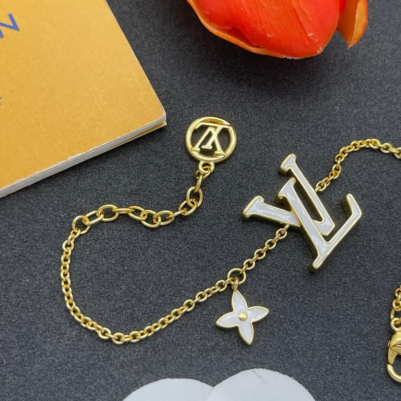 Louis Vuitton Monogram Jewelry Gold-Tone White Enamel LV and Flower Charm Bracelet 5