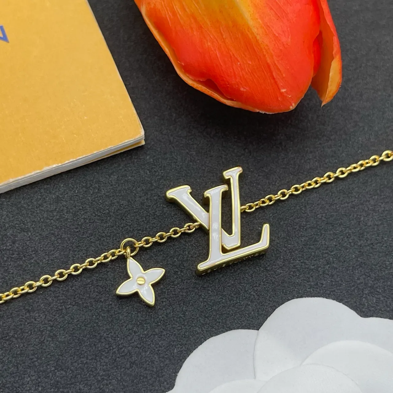 Louis Vuitton Monogram Jewelry Gold-Tone White Enamel LV and Flower Charm Bracelet 7