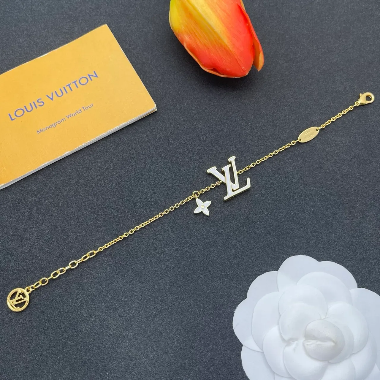 Louis Vuitton Monogram Jewelry Gold-Tone White Enamel LV and Flower Charm Bracelet 8