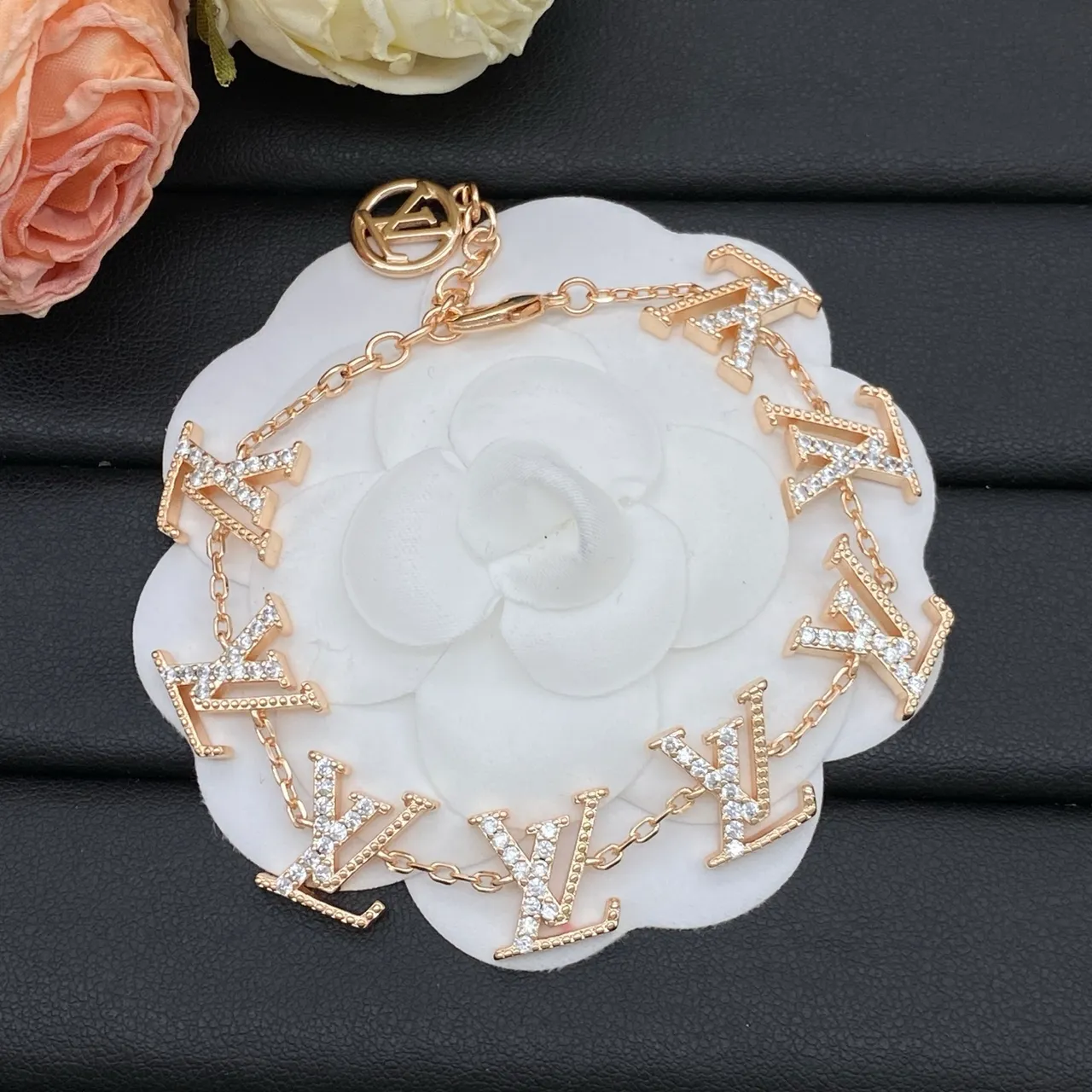 Louis Vuitton Monogram Jewelry Gold White Pavé-Crystal Charms Fine Link Chain Necklace 2
