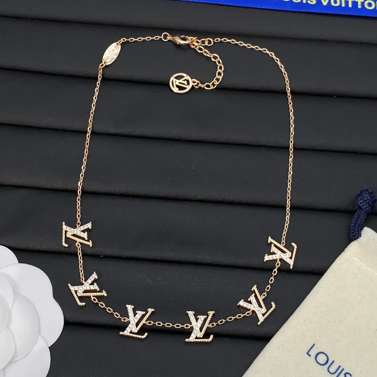 Louis Vuitton Monogram Jewelry Gold White Pavé-Crystal Charms Fine Link Chain Necklace 3