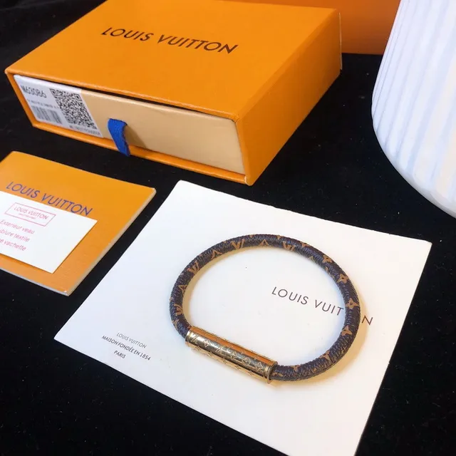Louis Vuitton Monogram Leather Bracelet Brown Gold Braided Cylindrical Clasp Bracelet 2