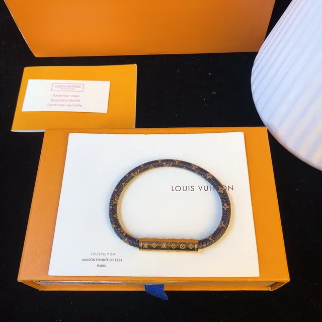 Louis Vuitton Monogram Leather Bracelet Brown Gold Braided Cylindrical Clasp Bracelet 3