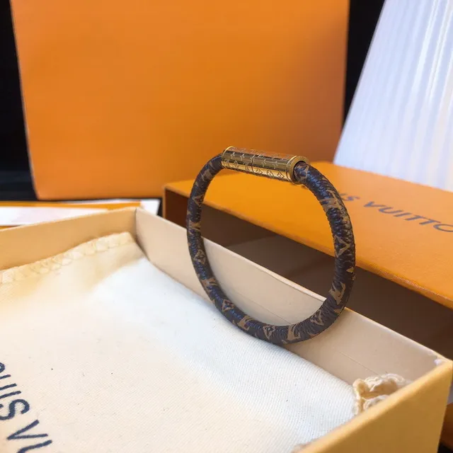 Louis Vuitton Monogram Leather Bracelet Brown Gold Braided Cylindrical Clasp Bracelet 6
