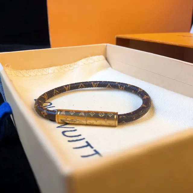 Louis Vuitton Monogram Leather Bracelet Brown Gold Braided Cylindrical Clasp Bracelet 7