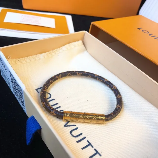 Louis Vuitton Monogram Leather Bracelet Brown Gold Braided Cylindrical Clasp Bracelet 8