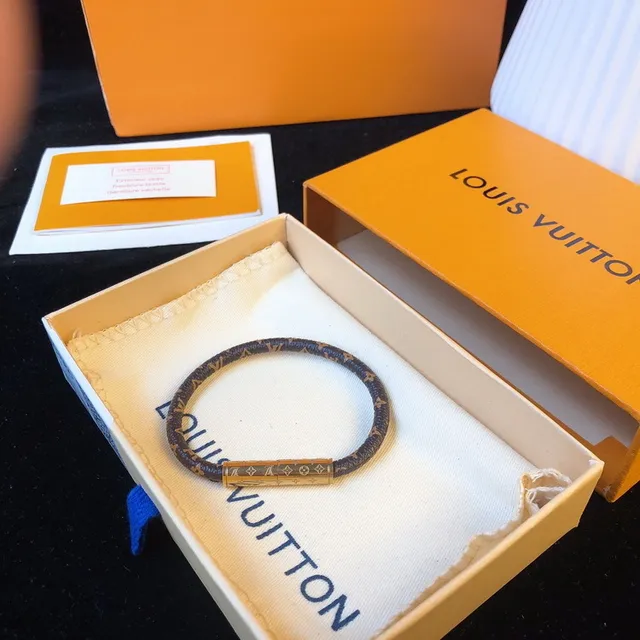 Louis Vuitton Monogram Leather Bracelet Brown Gold Braided Cylindrical Clasp Bracelet 9