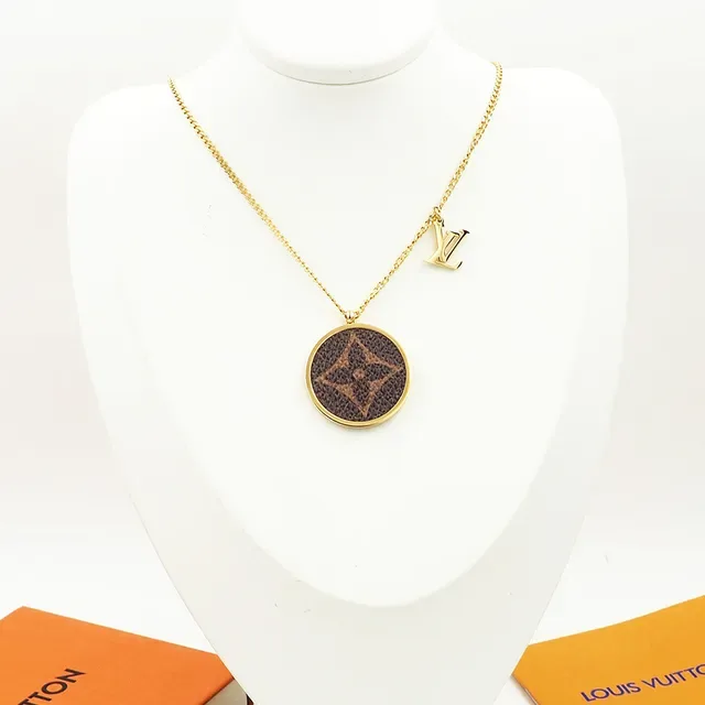 Louis Vuitton Monogram Medallion Necklace Brown Canvas Gold Silver Rose Gold Necklaces 2