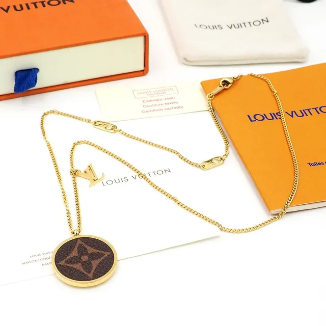 Louis Vuitton Monogram Medallion Necklace Brown Canvas Gold Silver Rose Gold Necklaces 5
