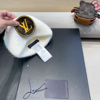 Louis Vuitton Monogram Patch White Brown Knit Beanie