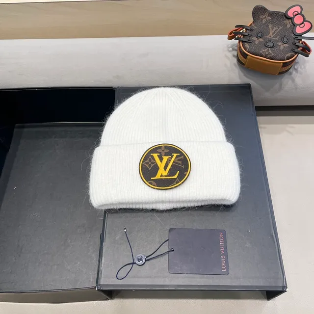 Louis Vuitton Monogram Patch White Brown Knit Beanie 2