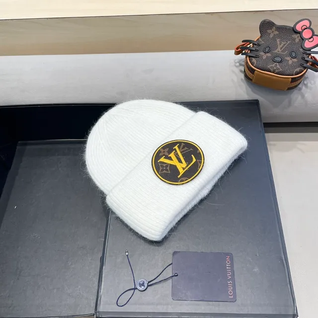 Louis Vuitton Monogram Patch White Brown Knit Beanie 4
