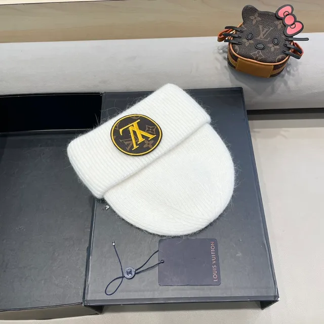 Louis Vuitton Monogram Patch White Brown Knit Beanie 9