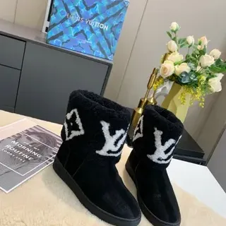 Louis Vuitton Monogram Shearling Boot Black White Cuff Embroidered Ankle Boots