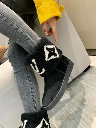 Louis Vuitton Monogram Shearling Boot Black White Cuff Embroidered Ankle Boots 2
