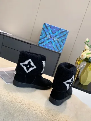 Louis Vuitton Monogram Shearling Boot Black White Cuff Embroidered Ankle Boots 3