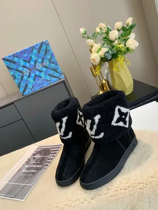 Louis Vuitton Monogram Shearling Boot Black White Cuff Embroidered Ankle Boots 5