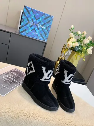 Louis Vuitton Monogram Shearling Boot Black White Cuff Embroidered Ankle Boots 7