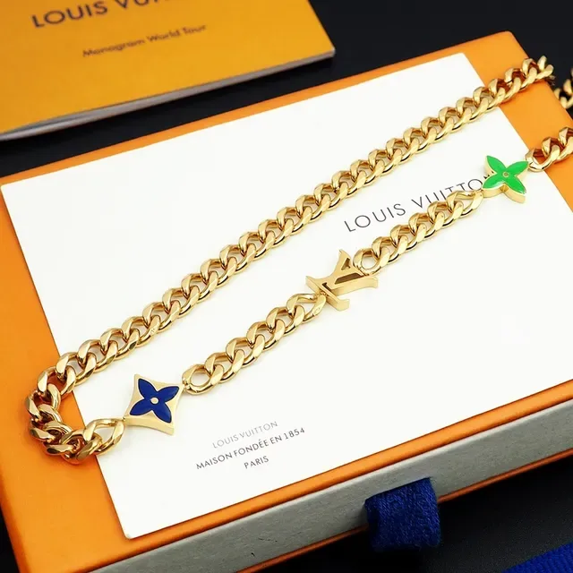 Louis Vuitton Monogram World Tour Enamel Charm Gold Chain Necklace 2