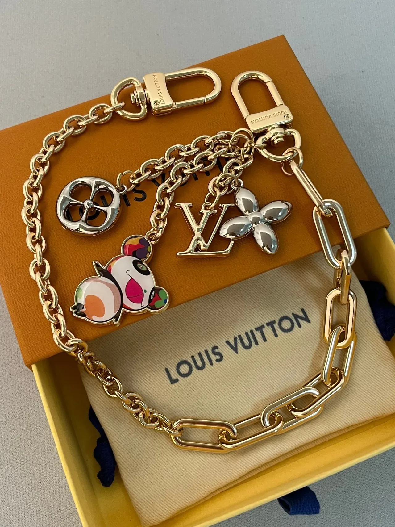 Louis Vuitton Multi-Charm Chain Gold Silver Link Pendant Assembly Bracelet 5