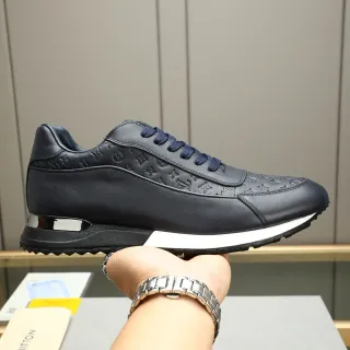 Louis Vuitton Navy White Monogram-Embossed Leather Chrome Heel Accent Lifestyle Sneakers