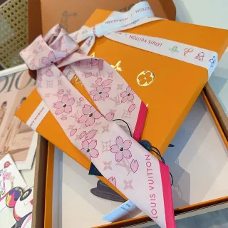 Louis Vuitton Pink Beige Printed Cherry Blossom Motif Silk Scarf