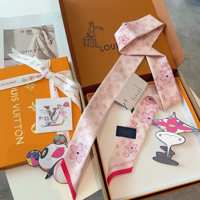 Louis Vuitton Pink Beige Printed Cherry Blossom Motif Silk Scarf 4