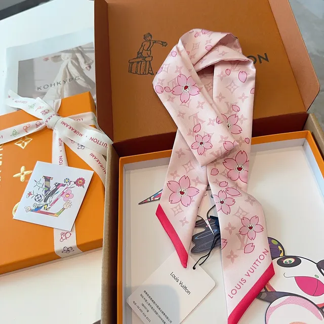 Louis Vuitton Pink Beige Printed Cherry Blossom Motif Silk Scarf 5