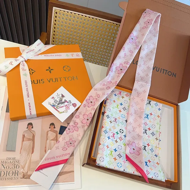 Louis Vuitton Pink Beige Printed Cherry Blossom Motif Silk Scarf 6