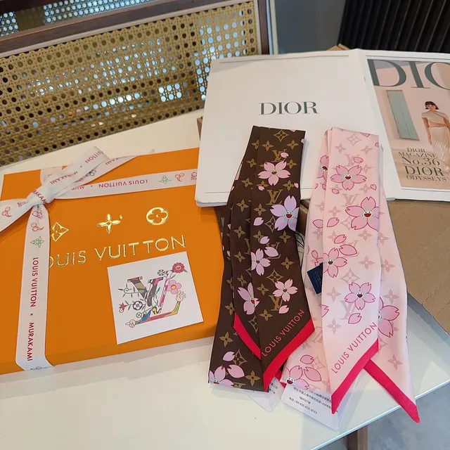 Louis Vuitton Pink Beige Printed Cherry Blossom Motif Silk Scarf 7