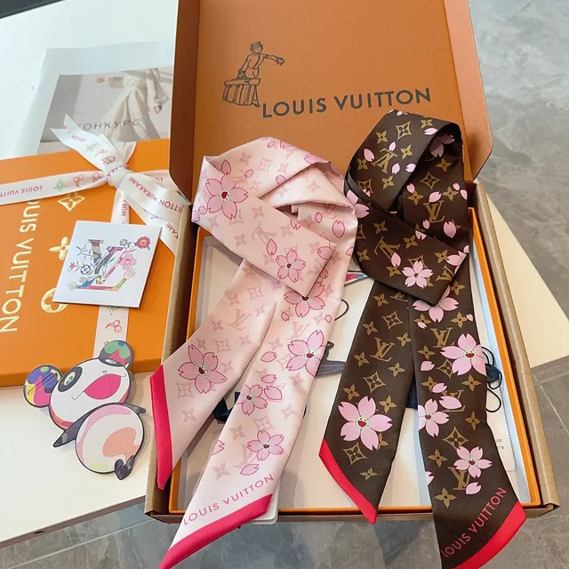 Louis Vuitton Pink Beige Printed Cherry Blossom Motif Silk Scarf 8