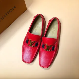 Louis Vuitton Vermelho Marinho Couro Granulado LV Listra Tecido Mocassim