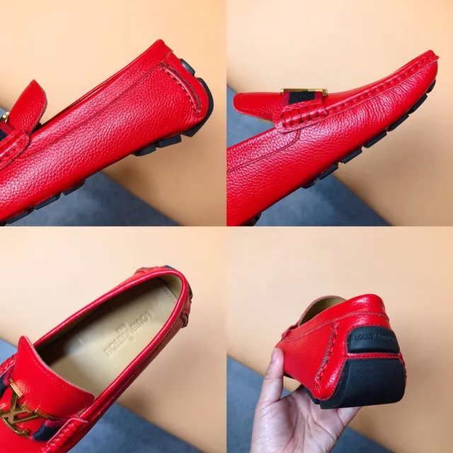 Louis Vuitton Red Navy Pebbled Leather LV Stripe Webbing Loafer 2