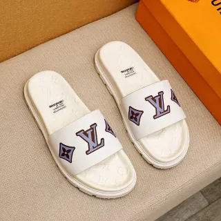 Louis Vuitton भागो भूरा बैंगनी मोल्डेड मॉनोग्राम सोल ओवरसाइज्ड लोगो स्ट्रैप स्लिपर्स